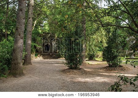 Bomarzo, Italy - May 20, 2013. View of sculpture amidst the vegetation in the Park of Bomarzo. Also known as Park of Monsters, it was created to surprise the visitor with surrealistic works in stone. Lazio region, central Italy