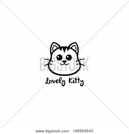 Lovely Kitty, Cute Cat Black And White Line Art Logo Vector Design Illustration
