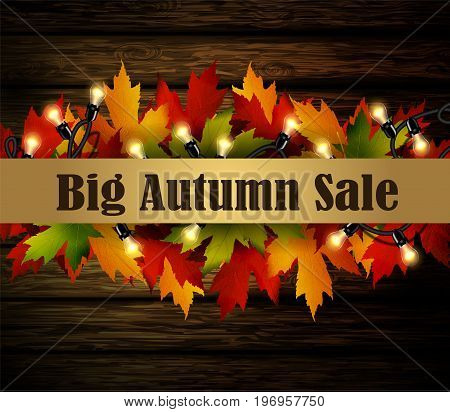 Big autumn special sale poster on isolated wodden background with patio lights