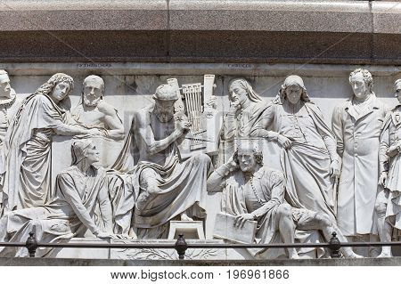 Prince Albert Memorial Kensington Gardens relief at the base of the monument London United Kingdom. It was commissioned by Queen Victoria in memory of her husband opened in July 1872