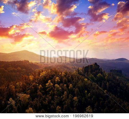 View from the rocky lookout Vileminina stena on morning landscape of Bohemian Switzerland, Czech Republic.
