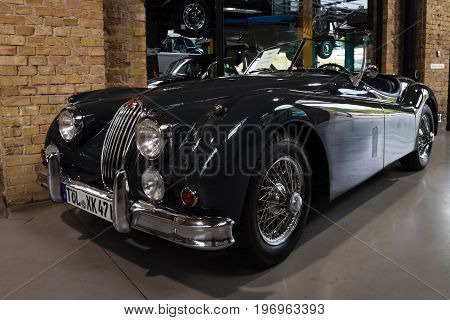BERLIN - MAY 10 2015: The roadster Jaguar XK140. 28th Berlin-Brandenburg Oldtimer Day