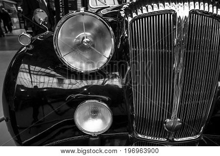 BERLIN - MAY 10 2015: Fragment of a luxury car Daimler DE 36 (Straight-Eight Hooper Landaulet) 1949. Black and white. 28th Berlin-Brandenburg Oldtimer Day