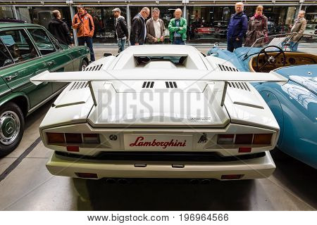 BERLIN - MAY 10 2015: A mid-engined supercar Lamborghini Countach LP 25th Anniversary 1990. Rear view. 28th Berlin-Brandenburg Oldtimer Day