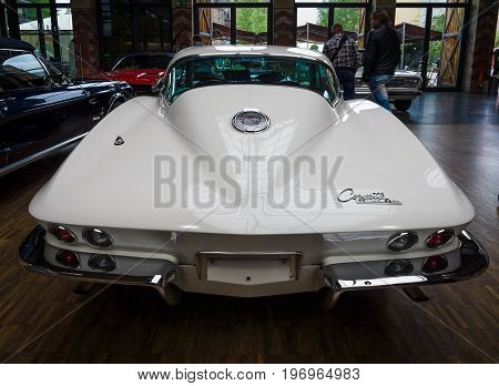 BERLIN - MAY 10 2015: Sports car Chevrolet Corvette (C2) Sting Ray Coupe. Rear view. 28th Berlin-Brandenburg Oldtimer Day
