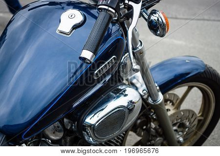 BERLIN - MAY 10 2015: Detail of motorcycle Yamaha XV 750 Virago 1993. The 28th Berlin-Brandenburg Oldtimer Day