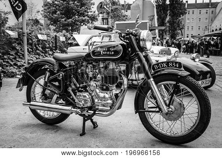 BERLIN - MAY 10 2015: Motorbike Royal Enfield Bullet 500 Classic. Black and white. 28th Berlin-Brandenburg Oldtimer Day