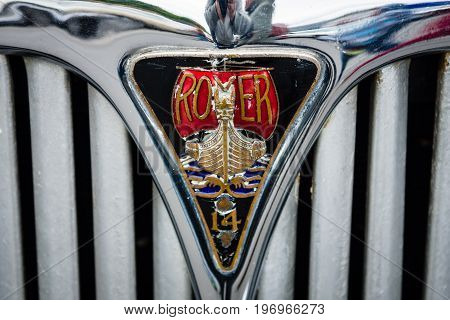 BERLIN - MAY 10 2015: Emblem on the grill of a vintage car Rover 14. The 28th Berlin-Brandenburg Oldtimer Day