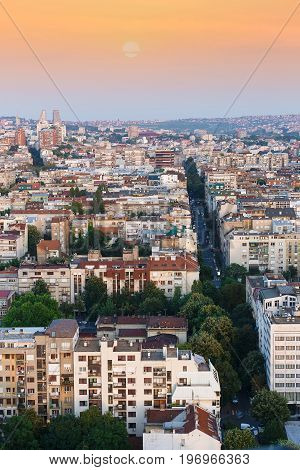 City skyline in the morning, Belgrade, Serbia, aerial view . Architectural diversity in old  Belgrade