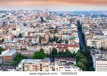City skyline Belgrade, Serbia, aerial view, sunset time . Architectural diversity in old  Belgrade