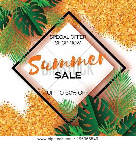 Tropical palm leaves, plants. Trendy Summer Sale Template banner. Paper cut art Exotic. Hawaiian. Text. Square frame. Green jungle floral background with gold glitter. Monstera. Vector illustration
