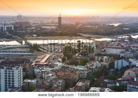 Belgrade, Serbia, July 22, 2017.Sunset over Sava River and old Belgrade, view on the New Belgrade town in background