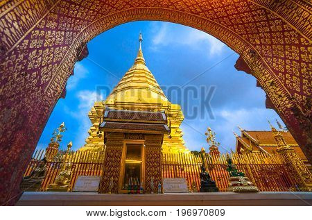 The golden pagoda in twilight . At Wat Phra That Doi Suthep temple is tourist attraction of Chiang Mai, Thailand.