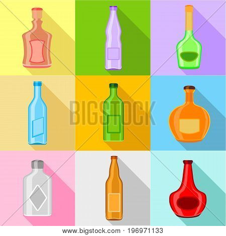 Bottle forms icons set. Flat set of 9 bottle forms vector icons for web with long shadow