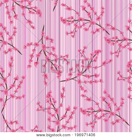 Seamless texture. Flower pattern. Branches with pink flowers on a striped background. Spring. Nature.