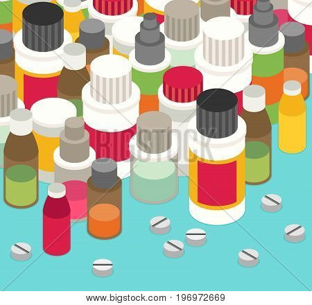 Flat 3d isometric pharmaceutics pharmacy drug web infographics vector illustration