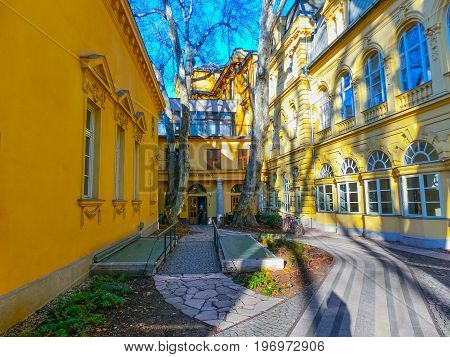 Budapest, Hungary - December 31, 2015: The main entrance at the Lukacs Bath, at historic outdoor thermal bath heated naturally by hot springs, in Budapest, Hungary on December 31, 2015.