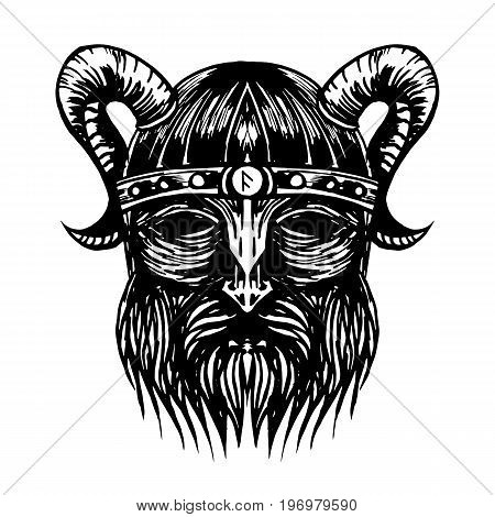 Ancient viking head graphics and design elements. Viking pride text. Odin. Vector vintage illustration.