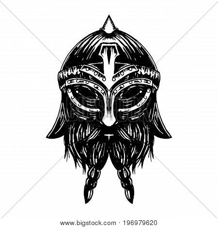 Ancient viking head graphics and design elements. Viking pride text. Odin. Vector vintage illustration.