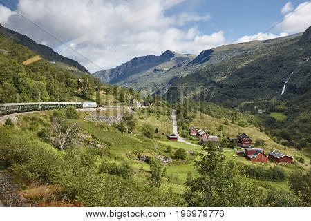 Flam railway landscape. Norwegian tourism highlight. Norway landmark. Horizontal