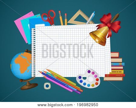 Back to school banner, poster design with empty squared notebook page and student items on the background, cartoon vector illustration. Back to school banner with empty notebook page and student items