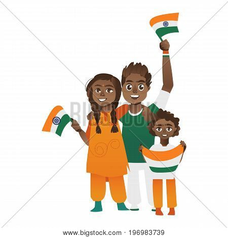 Young couple, man and woman holding, waving Indian flags, cartoon vector illustration isolated on white background. Full length portrait of couple, man and woman with Indian tricolor flags