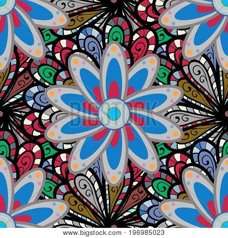 On backdrop. Cute floral background for textile fabric wrapping scrapbooking. Vector seamless pattern with hand drawn doodle flowers. Childish design.