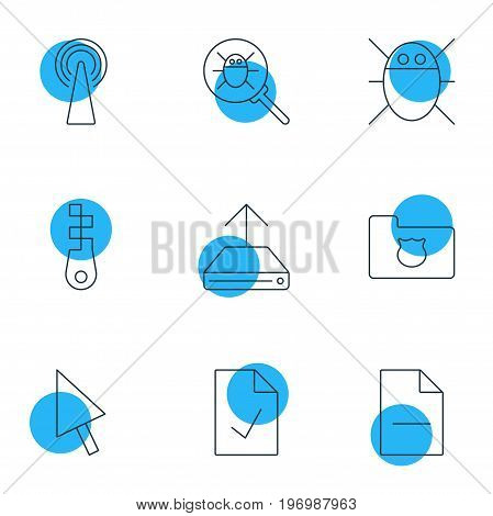 Editable Pack Of Bug, Removing File, Checked Note And Other Elements.  Vector Illustration Of 9 Web Icons.