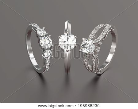 3D illustration three white gold or silver rings with diamonds with reflection on a grey background