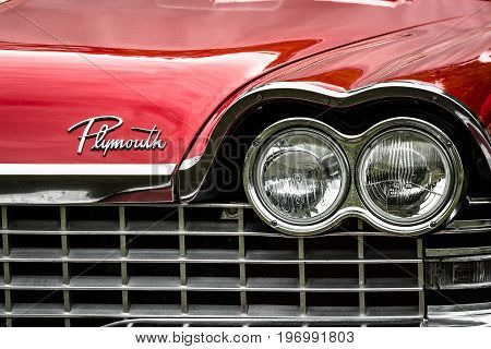 PAAREN IM GLIEN GERMANY - MAY 23 2015: Fragment of a full-size car Plymouth Belvedere (Third generation). Front view. The oldtimer show in MAFZ.