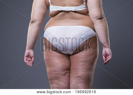 Overweight woman with fat legs and buttocks obesity female body on gray background