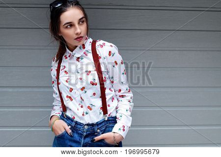 Closeup Fashion Portrait Of Young Pretty Hipster Girl With Dark Brown Hairs Wearing Stylish ,denim B