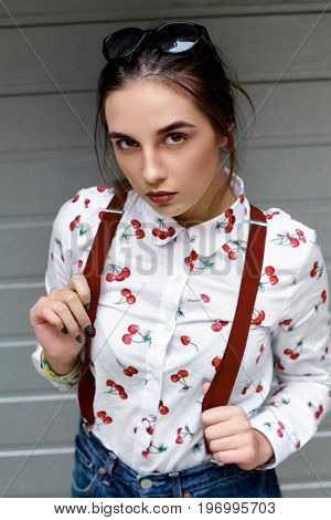 Closeup Fashion Portrait Of Young Pretty Hipster Girl With Dark Brown Hairs Wearing Stylish ,denim B