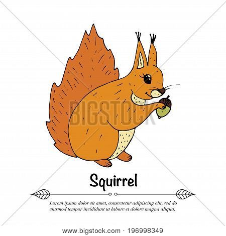 Handdrawn vector doodle logo. Autumn illustration with squirrel.