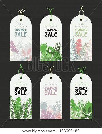 End of Season. Summer hand drawn calligraphyc sale tags set. Beautiful summer posters with palm leaves, textures and hand written text. Fashion tags