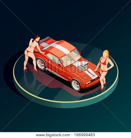 Auto show car showroom composition with circle podium and two female models topless near sports car vector illustration