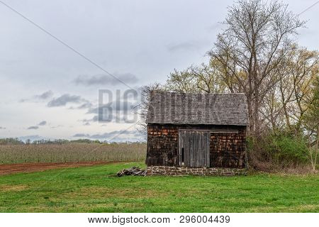 A Historic Barn With Stone Foundation In Monmouth Battlefield State Park In New Jersey.