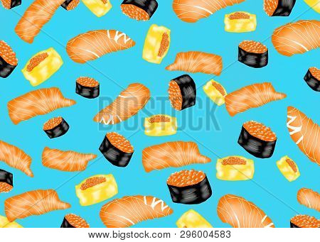 Japanese Food Style, Hand Drawn Of Salmon Sashimi, Salmon Ikura And Tamago Ebiko Yaki  Seamless Patt