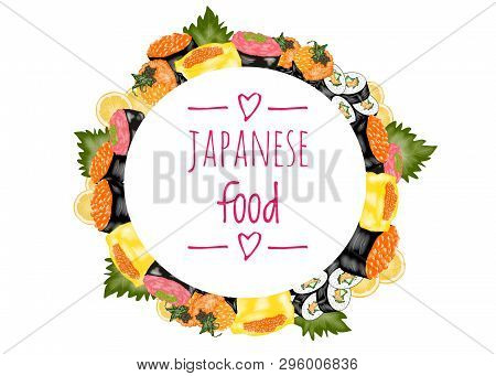 Hand Drawn Japanese Food Circle, Sushi Salmon Roll, Ikura Gukan, Maki Sushi, And Tamago Ebiko Yaki I