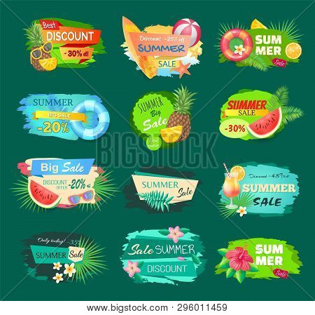 Summer Discount Banners Set With Summertime Vector. Pineapple And Cocktail, Surfing Board And Saving