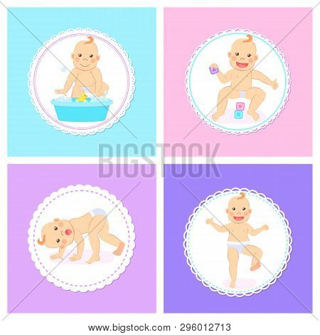 Small Kid Active Child Vector, Container With Bubbles And Rubber Duck, Playing Kiddo Flat Style. Cra