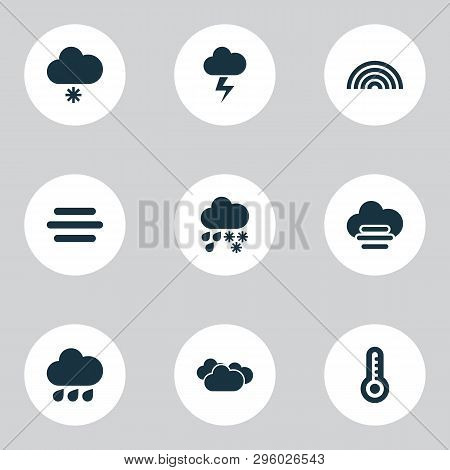 Climate Icons Set With Light Snow Shower, Fog, Misty And Cloudy Synoptic Elements. Isolated  Illustr