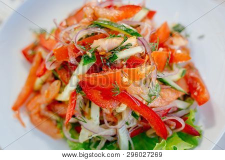 Vegetable Salad On The White Plate, Great Image For Your Needs. Achik Chukchuk Salad With Tomatoes A