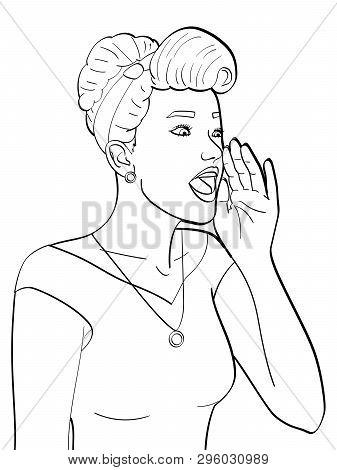 Coloring White Background, Black Lines. Retro Girl Screaming, Gramophone. Raster