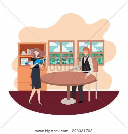 Couple Business In The Room With View The Landscape Vector Illustration Desing