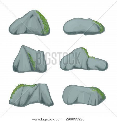 Set Of Stones Covered With Moss. Cartoon. Stones, Boulders, Boulders, Rocks. Natural Landscape.