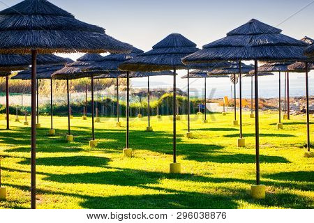 Strawy Beach Umbrellas On The Lawn By The Sea.