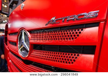 Munich / Germany - April 14, 2019: Mercedes Benz Star On A Mercedes Benz Actros Truck. Mercedes-benz