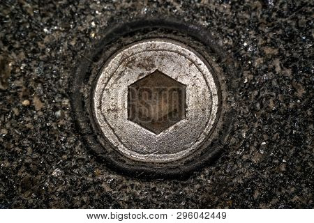 Macro Shot Of Hex Head Bolt Screw Thread. Close Up View Of Rustic Hexagon Screw Head