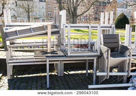 Warehouse On The Open Air. Chairs And Tables Outside On The Spring Sun Weather. Furnitureset For Sum